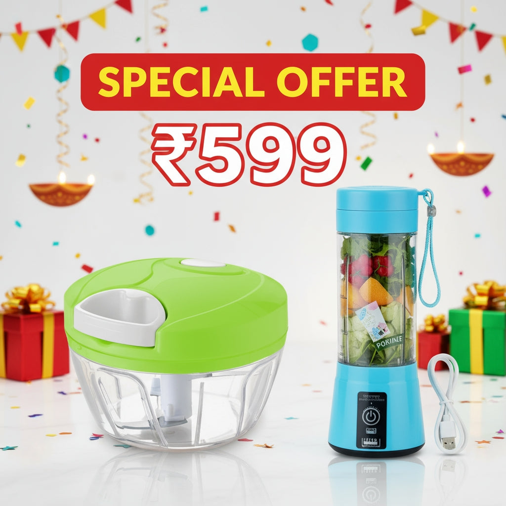 Vegetable Chopper & Portable Juicer Blender Combo – Rechargeable, Compact, Multipurpose, Easy Clean | Best Kitchen Gift India (₹599/- Offer)